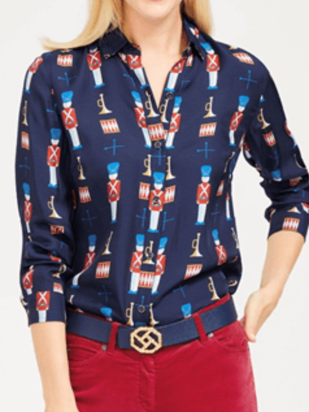 J. McLaughlin Lois Blouse Toy Soldier Silk Blend Novelty Print Navy